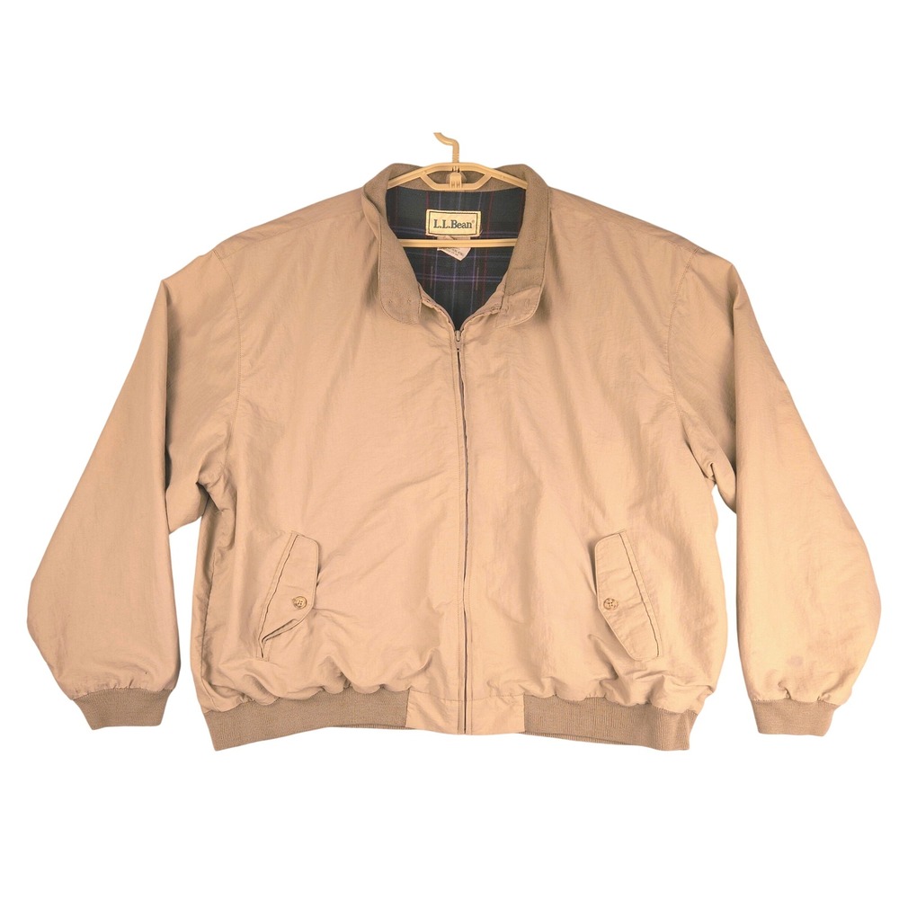 LL Bean Mens XXL Jacket Tan Nylon Plaid Lined Bomber Harrington